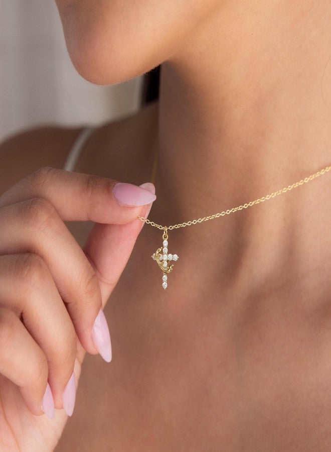 Robaice Gold Crown Cross Necklace for Women, Gold-Plated Christian Faith Necklace with Diamond Accents - Image 2